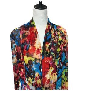 Ali Miles Cardigan Womens Large Blue Red Watercolors Open Front Semi Sheer Artsy